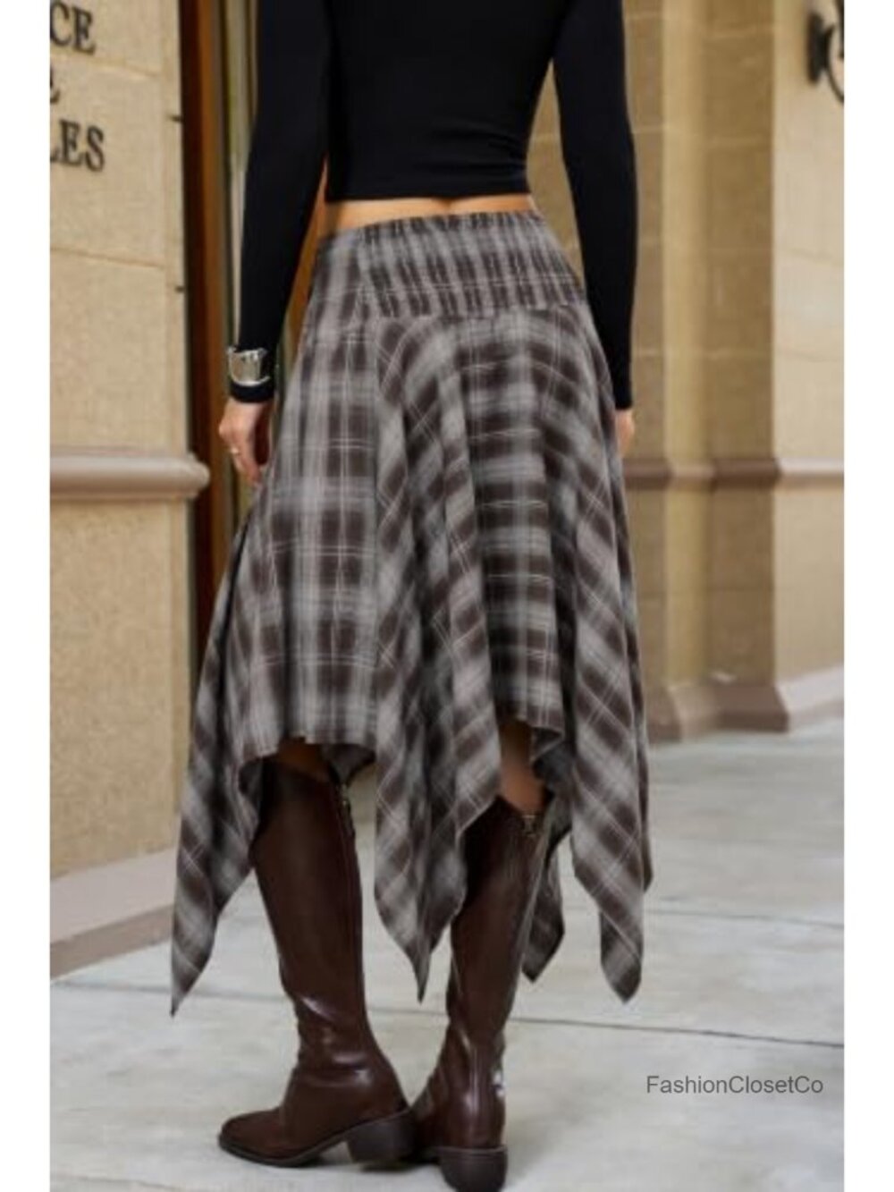 Y2K Plaid Asymmetrical Hem Midi Skirt High Rise Ruched Handkerchief Skirt - Picture 4 of 5